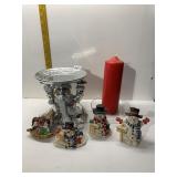 SNOWMAN GROUP INCLUDING LARGE CANDLE HOLDER