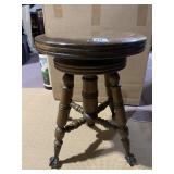 ANTIQUE PIANO STOOL, GLASS BALL CLAW FEET, ADJ.