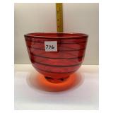 RED GLASS W/ BLACK STRIPS VASE 7.5" H