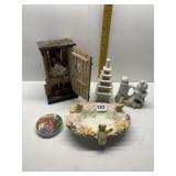 CHICKEN IN OUTHOUSE, BUNNY BOWL, CERAMIC PAGODA,