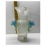 BLOWN GLASS VASE WITH APPLIED GLASS FLOWERS, 10"