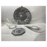 PEWTER PLATTER, COASTER AND 2 SERVING PIECES