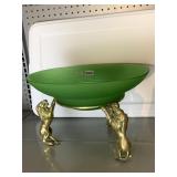 ITALY BRASS LION BASE PEDESTAL W/ GREEN GLASS