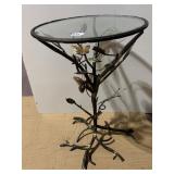 IRON TABLE W/ FLOWER ACCENT W/ GLASS TOP 24" H X