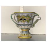 HAND PAINTED DOUBLE HANDLED FOOTED VASE, MADE IN