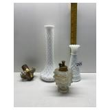 DE VILBISS GLASS ATOMIZER AND MILK GLASS VASES