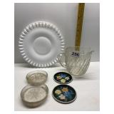 GLASS PITCHER, GLASS FURNITURE MOVERS/COASTERS,