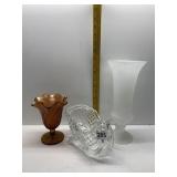 GLASS SLEIGH, AMBER CARNIVAL GLASS FOOTED CASE