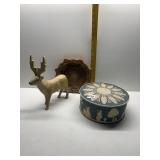 TIN, WOOD DISH W/ INLAY, DEER