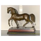 TROTTING BRONZE FINISH METAL HORSE STATUE, 12X13