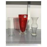 3 VASES, ART GLASS RED WITH BLACK STRIPE AND 2