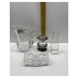 HEISEY GLASS PITCHER, SILVERPLATE MINI LAMP, LOG