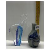 ART GLASS ELEPHANT AND HAND THROWN VASE