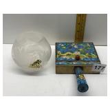 ENAMELED BRASS CRUMB CATCHER AND ETCHED GLASS