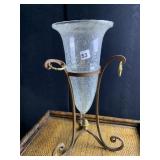 IRON BASE, CRACKLE GLASS VASE 19.5" H