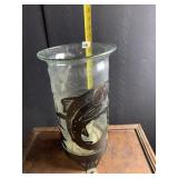 16" H METAL BASE AND WRAP W/ FISHING SCENE, GLASS