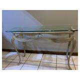 DRAPED DESIGN IRON BASE TABLE W/ BEVELED GLASS