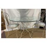 IRON BASE GLASS TOP TABLE AND 2 SIDE CHAIRS