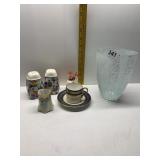 SALT/ PEPPER, FROSTED VASE, ANSLEY CUP, ETC.