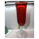 21" H RED GLASS VASE CLEAR GLASS BASE 7.5" D