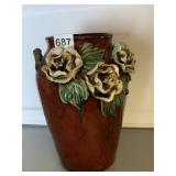 GLAZED VASE APPLIED FLOWERS W/ HANDLES CHINESE IN