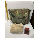 CROCHETED PURSE, KHAKI BACKPACK, CALCULATOR