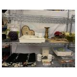 SHELF LOT INCLUDING MUGS, MILK GLASS