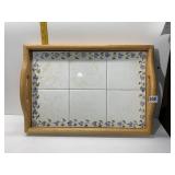 WOOD AND HAND PAINTED TILE SERVING TRAY, 14X19