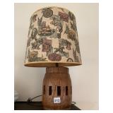WOOD BARREL BASE LAMP W/ CUTOUT AND FLOWER SHADE