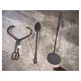 ICE TONGS, CAST SPOON, ETC.