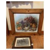 FRAMED FRUIT PICTURE AND BLACK/WHITE TREE SCENE