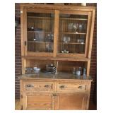 ANTIQUE PINE STEP BACK CUPBOARD W/ SLIDING GLASS