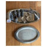 PEWTER PLATE, SALT/PEPPERS ETC.