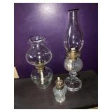 THREE OIL LAMPS ONE RIBBED BASE