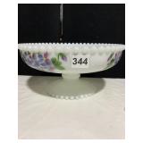 MILK GLASS PEDESTAL BOWL, HAND PAINTED 5" H X 11"