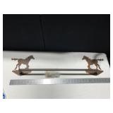 35" IRON TOWEL BAR WITH HORSES, GREAT PATINA