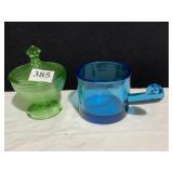 BLUE HANDLE CUP, GREEN DEPRESSION COVERED CANDY
