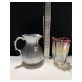 PEWTER PITCHER AND MULTICOLORED VASE