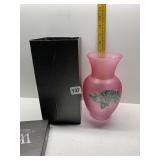 GLASS WENDELL AUGUST PINK VASE W/ ALUM. ROSE FRONT