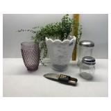 VIOLET HOBNAIL VASE, MILK GLASS VASE, SHAKERS,