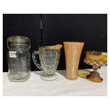 RUBBED VASE, GOLD RIM APPLIED HANDLE PITCHER,