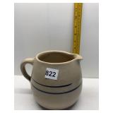 CROCKERY PITCHER W/ BLUE STRIPES CHIP ON EDGE