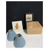 WOOD BOX, SHADES, BIRD TILE ETC.