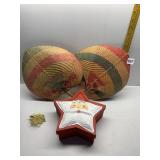 WOVEN STRAW FANS, PAPER MACHE SANTA BOX AND BRASS
