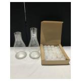 2 HURRICANE LAMP SHADES AND BOX OF VOTIVE CANDLES