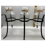 IRON STAND W/ 3 GLASS VASES 12" H X 19" W