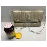 SNAKESKIN PURSE, SEALED VITAMIN E BOTTLE FULL