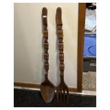 CARVED SOLID WOOD HUGE DECORATIVE WOOD FORK AND