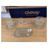 GLASS SUGAR AND CREAMER, BUTTER DISH,