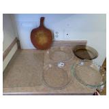 GLASS PIE PLATES, GLASS CUTTING BOARD AND WOOD